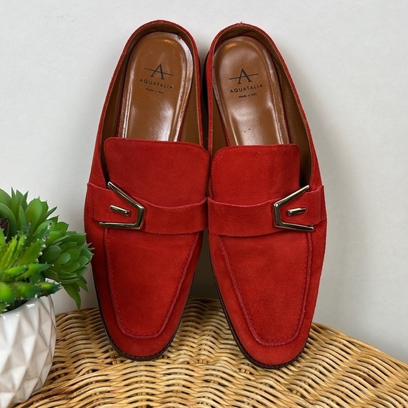 Aquatalia Mules Loafer Slip On Leather Suede Orange Buckle 7.5 - Picture 7 of 12